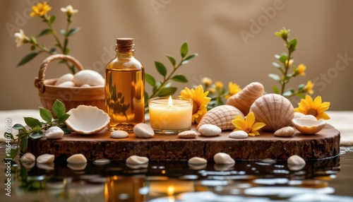 Serene Spa Setting with Candles and Natural Oils for Relaxation and Wellness