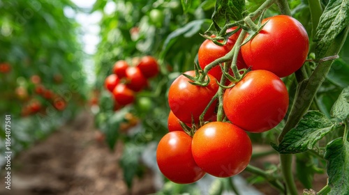 Wallpaper Mural A close-up showcases vibrant red tomatoes ripening on vines within a greenhouse, with rows of plants in the background Torontodigital.ca