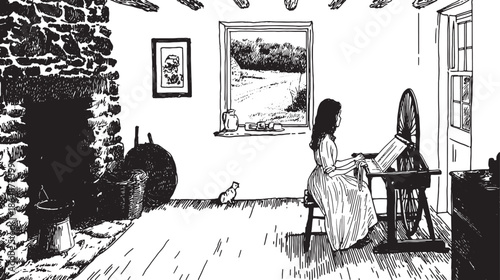 Girl spinning yarn at a wheel in a cozy room. Vintage black and white vector illustration featuring a window and rural scenery in a domestic set.