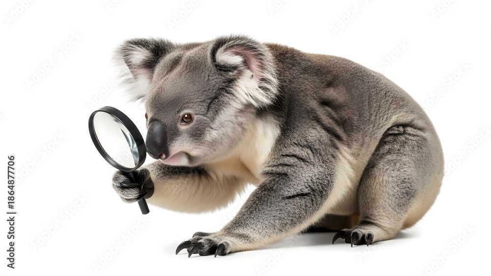 Obraz premium Curious koala holding a magnifying glass and intently examining a discovery, isolated on a clean white background.