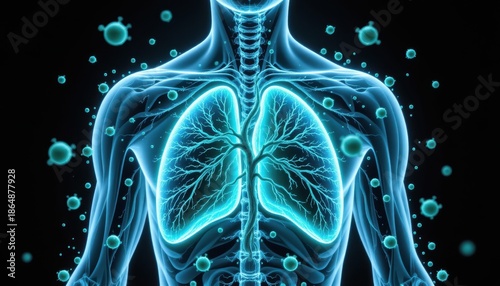 Detailed Illustration of Human Lungs in Radiant Blue with Surrounding Pathogens and Cells on Black Background