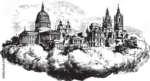 City skyline illustration featuring buildings and clouds in a vintage style. A detailed black and white vector illustration showcasing elegant architecture.