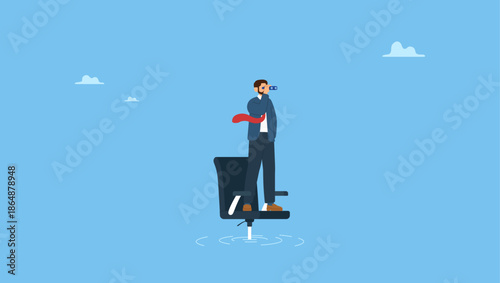 Businessman standing look for near future on sinking office chair. Career future or job opportunity, being ignore or overlook by boss or colleagues, uncertainty in work or career path.