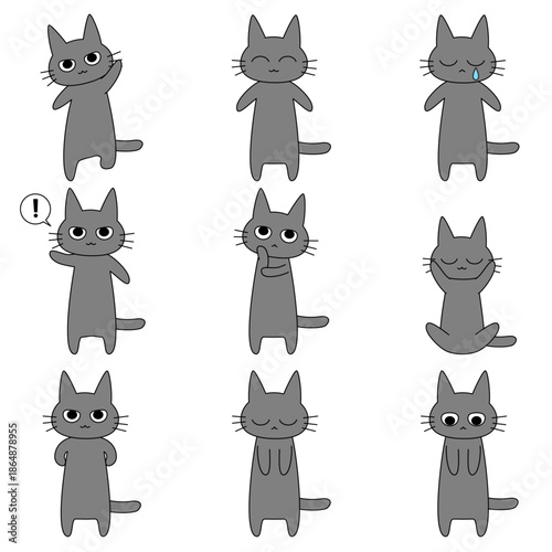 表情豊かな黒猫のキャラクターポーズセット 挨拶や感情 全身 猫のイラスト
