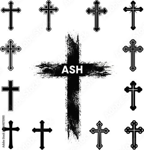 Isolated a Cross clipart black and white, ash cross for Ash Wednesday card, poster, banner, post, lent, wishes with grunge christian cross, church clipart, ashes, religious cross vector art .