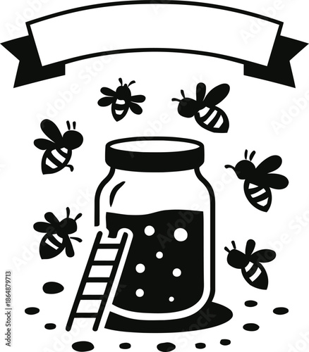 A jar of honey surrounded by bees Page illustration in black and white