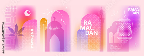Ramadan Kareem colorful cards, backgrounds, compositions. Islam design elements. Mosque, moon, stars, palms, lanterns. Holy month greetings. 