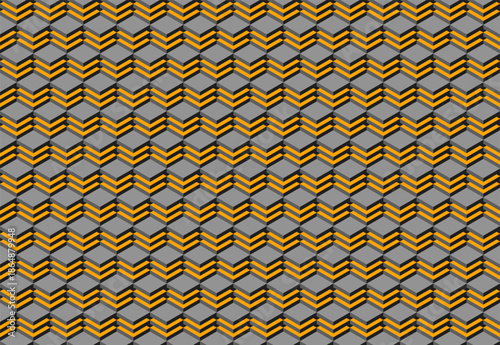 Abstract geometric pattern featuring interlocking gray and gold cubes, creating a dynamic, chevronlike effect.