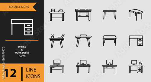 A collection of 12 editable line icons representing various office and work desks