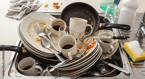 Large pile of soiled dishware obstructs a kitchen sink basin ready for cleaning