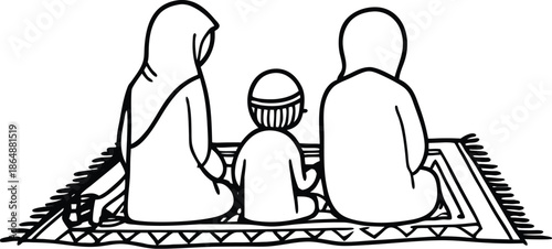 Muslim Family Silhouette Sitting On Prayer Mat