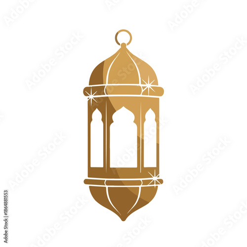 A gold lantern with a pointed bottom and dome top against a clean white background, featuring a silhouette design with white lines, conveying a sense of glamour and festivity.