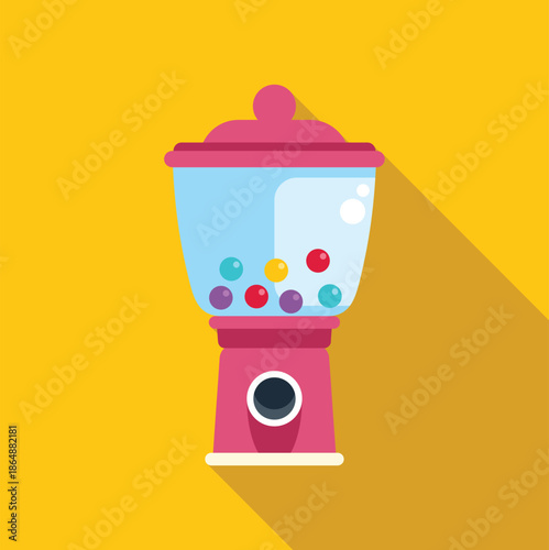 Classic candy dispenser machine filled with round sweet balls on a yellow background
