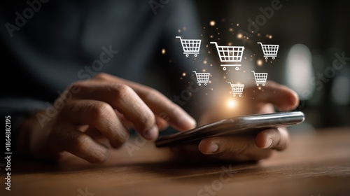 Person using smartphone to shop online with shopping cart icons, digital purchasing, e-commerce concept, modern technology in everyday life