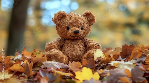 A teddy bear made of autumn leaves sitting on a pile of fallen foliage 