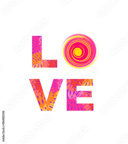 Love lettering fashion print collection. Part 2 with abstract pattern with monstera leaves and hot sun for t-shirt, bag design, poster isolated on white.eps