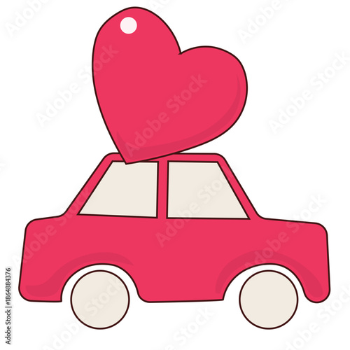 Romantic Pink Cartoon Toy Car with Heart Icon. Valentine Day or Wedding Greeting card Element 
