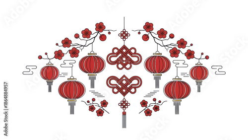Chinese Lanterns and Plum Blossom Vector.