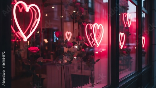 Romantic neon hearts in store window