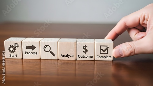 Illustrative representation of a structured business process and systematic workflow, using wooden blocks to symbolize key stages from project initiation to successful completion and desired outcome