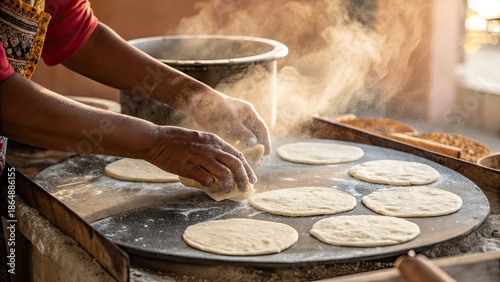 Close-up of hands cooking fresh chapati on hot tawa, light flour dust, steam rising, traditional home food realism