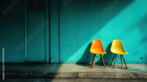 Vibrant Yellow and Orange Chairs Contrast Against Teal Wall and Sunlight Shadow Creating Modern Minimalist Aesthetic in Indoor Space