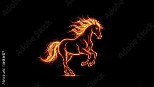 Vibrant glowing fire horse running abstract illustration. Dynamic digital artwork representing energy and passion. Chinese zodiac symbol graphic.