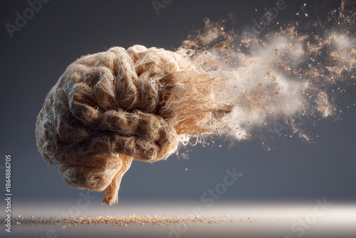 Human brain made of intricate threads slowly unraveling and fraying on one side with loose threads dissolving into dust particles. Memory loss cognitive decline and dementia awareness concept.