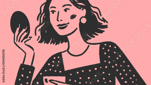 Portrait of a woman with stylish hair and makeup. Modern vector illustration featuring a colorful design with polka dots.