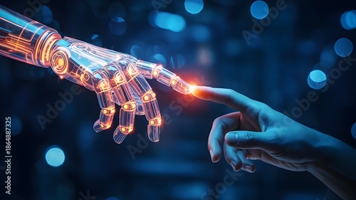 Connection: Human Touch in the Digital Age: An evocative image where a human finger delicately interacts with a robotic hand, suggesting a future where technology and humanity intertwine.