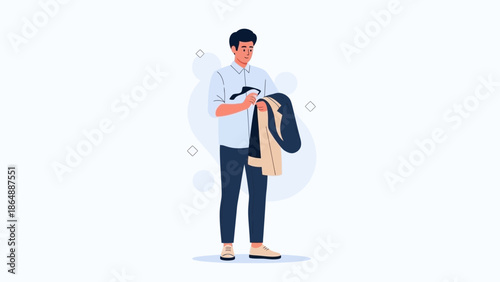 Young man standing and reading a book while holding a coat and backpack in a casual setting