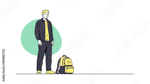 Young man standing with backpack and travel gear in minimalist illustration
