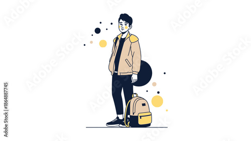Illustration of a young man standing with a backpack surrounded by abstract design elements