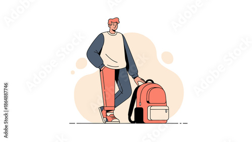 Young man standing with backpack and casual attire ready for travel or school