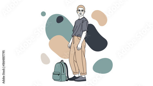Stylish young person with backpack standing among abstract shapes in minimalistic illustration