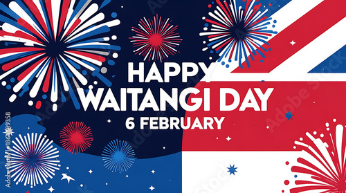 fireworks, a Union Jack motif, and the text “HAPPY WAITANGI DAY” plus “6 FEBRUARY 2026,” featuring red, white, and blue colors, HD and 4k image