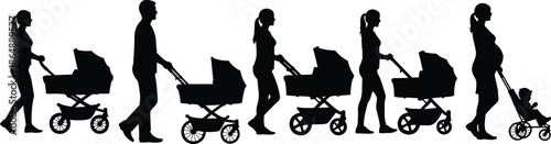 Silhouettes of parents walking with baby strollers on white background illustrating family life parenting lifestyle and modern motherhood