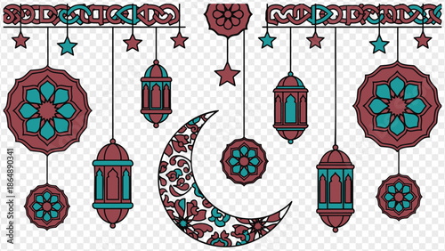 Islamic ramadan crescent moon and lanterns decorative set