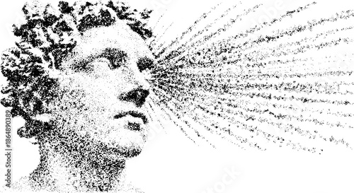 Sculpture head with fine detail and light effects. Monochrome vector illustration showcasing classic human expression and design elements.