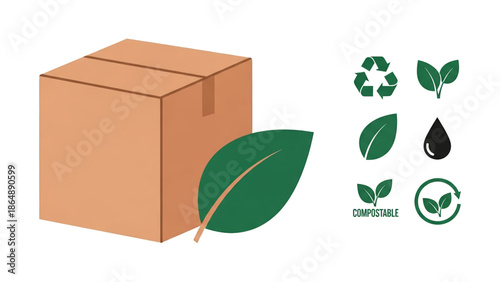 Cardboard Box with Green Leaf and Eco Symbols.