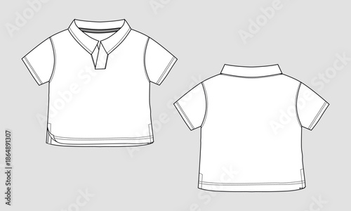 Short sleeve polo shirt technical drawing fashion flat sketch vector illustration template for baby boys