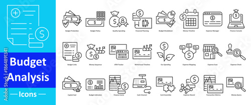 Budget analysis icon pack in modern outline vector style for financial planning cost tracking spending review money management expense reporting saving strategy and business decision support