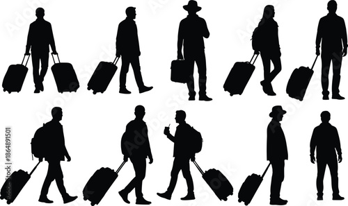 Traveler silhouettes walking with rolling luggage set showcasing diverse tourists commuters and business people isolated on white background