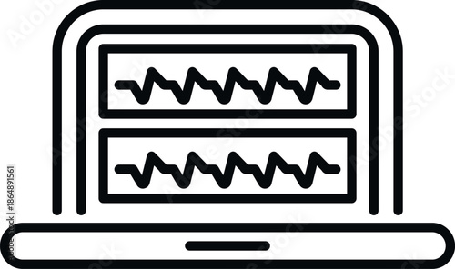 Laptop showing soundwave or heart rate monitoring for analysis and diagnostics icon