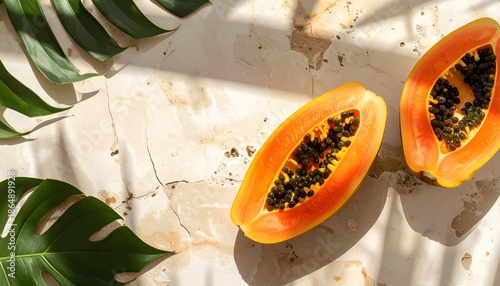 A vibrant papaya cut in half, showcasing its bright orange flesh and dark seeds on a textured surface