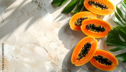 Fresh papayas sliced open, revealing vibrant orange flesh and black seeds, with green leaves
