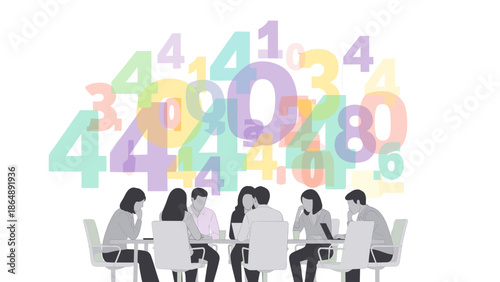 Business team collaboratively analyzing financial data and strategic information, with an abstract visual overlay of numbers illustrating complex calculations and digital intelligence