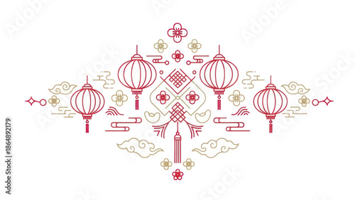 Stylized Chinese Lanterns and Symbols.