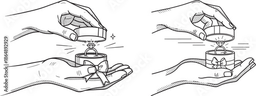 Hands Opening Jewelry Box to Reveal an Engagement Diamond Ring Sketch