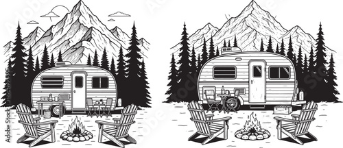 Hand Drawn Vintage Camper Trailer in a Mountain Forest Landscape with Campfire and Adirondack Chairs Illustration